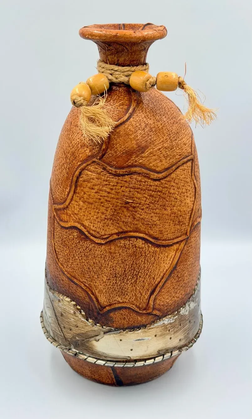 Folk-art Mexican Hand-tooled Leather and Tin Wrapped Bud Vase Southwestern Decor